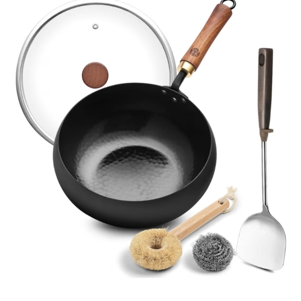 Wangyuanji  Wrought Iron Flat Bottom Wok with Wooden Handle and Glass Lid.